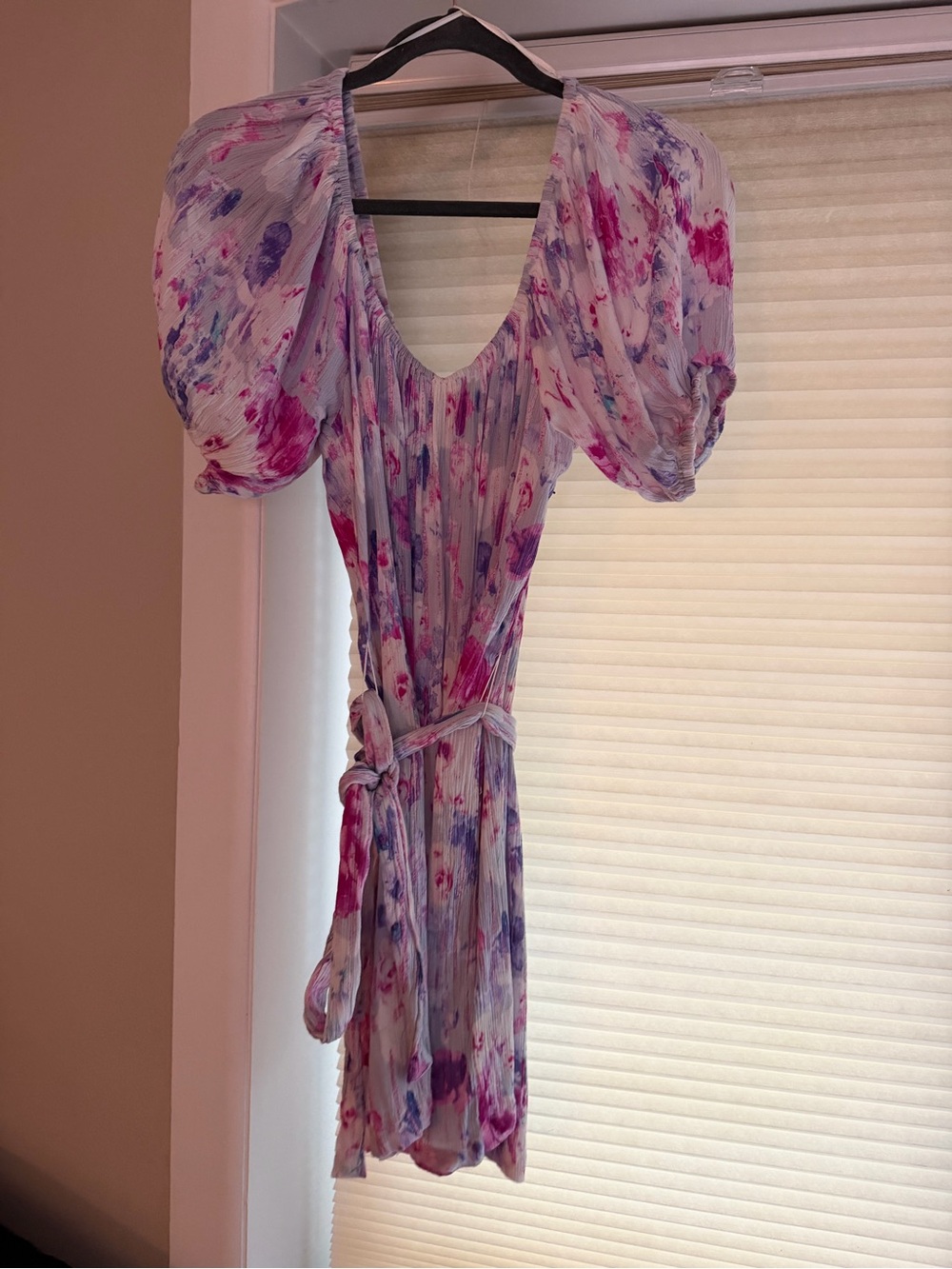 DEX Beautiful Floral Watercolor Puff Sleeve Dress - Pink & Purple,& fabric belt - Picture 5 of 5
